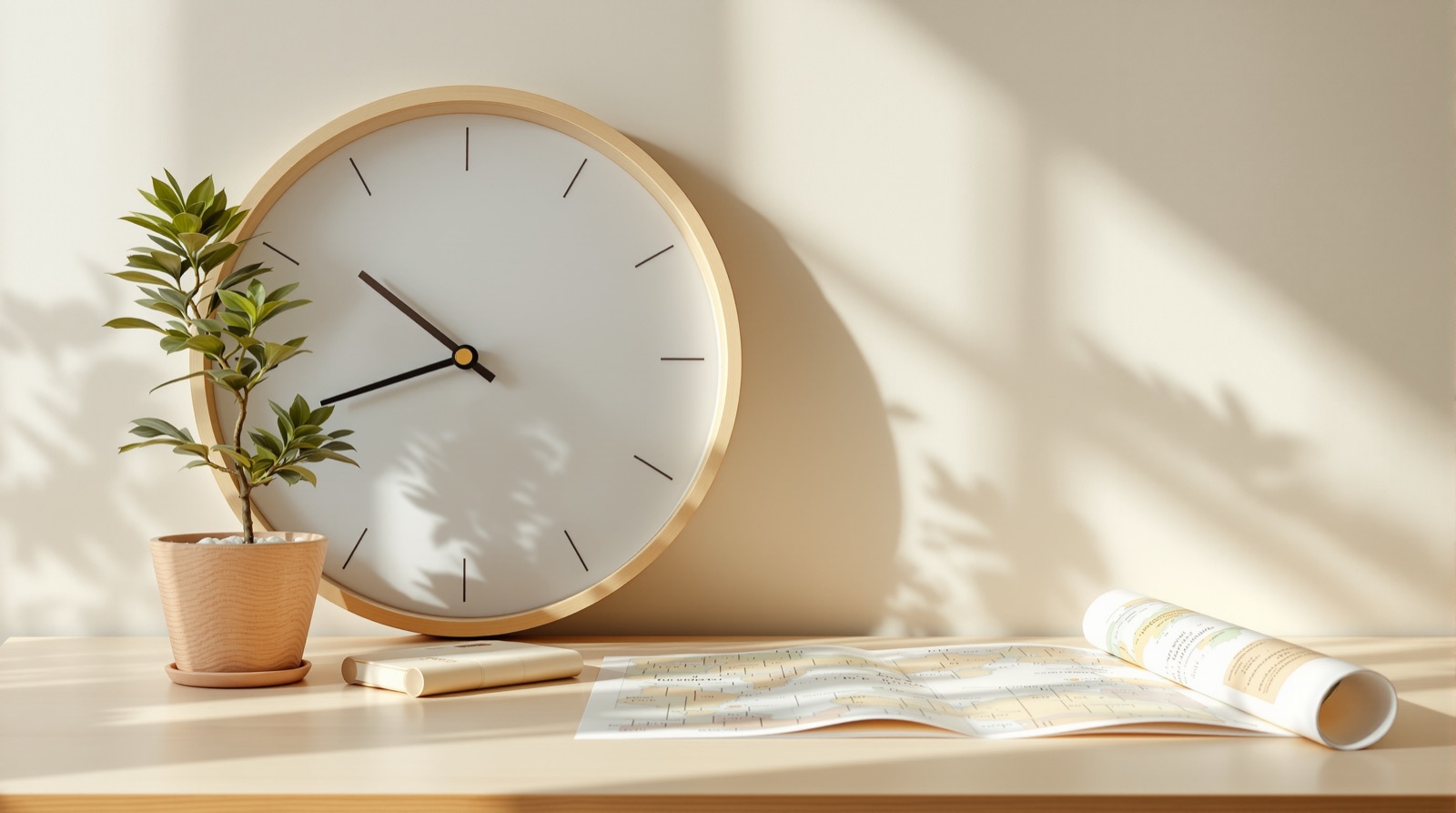 Wall clock beside a folded map on a clean desk symbolizing timing and location