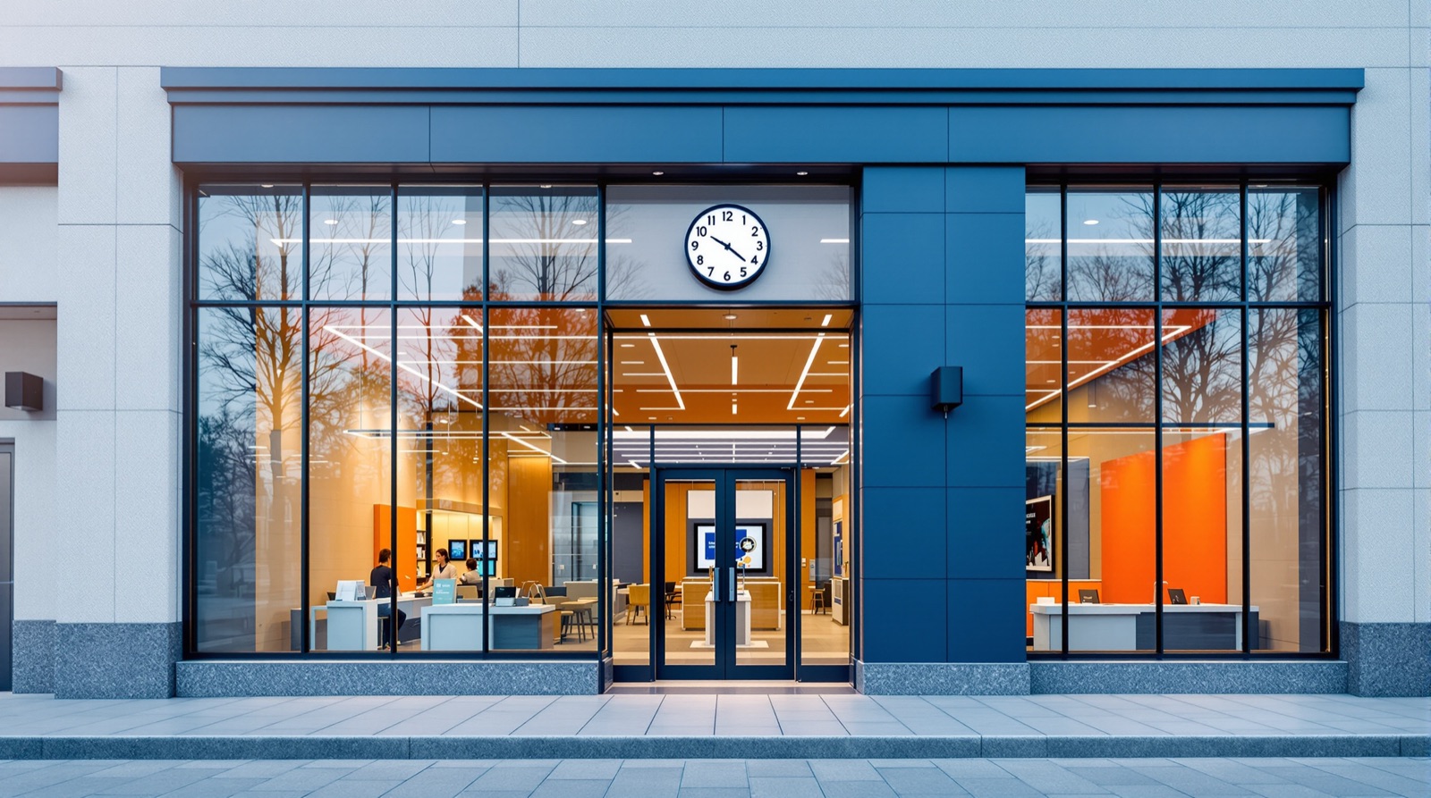 Modern bank branch exterior with a clock above the entrance