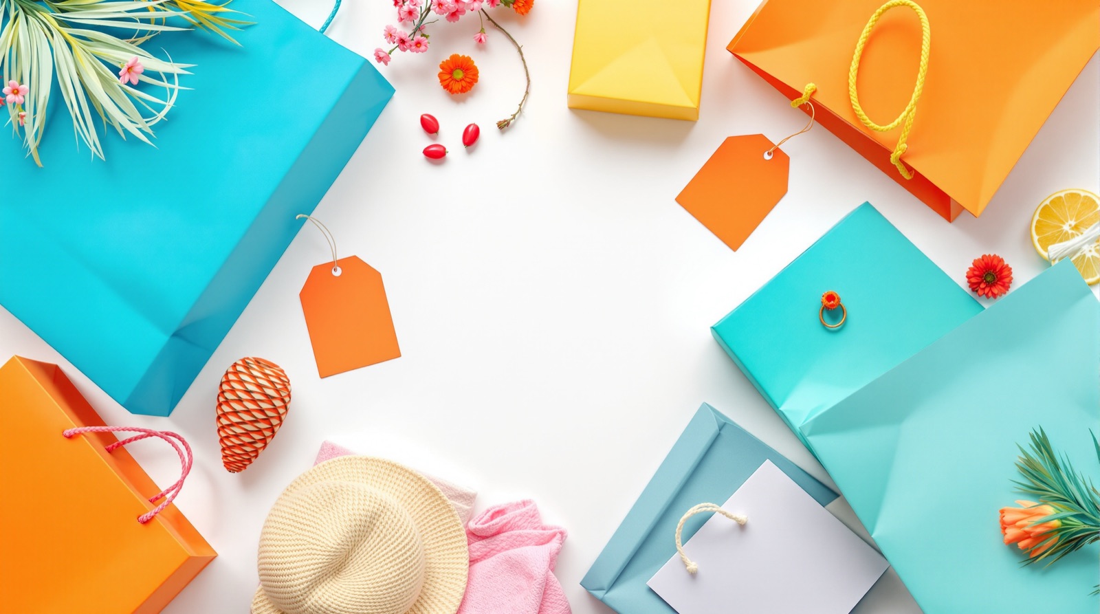 Colorful shopping bags and blank discount tags arranged on a bright surface