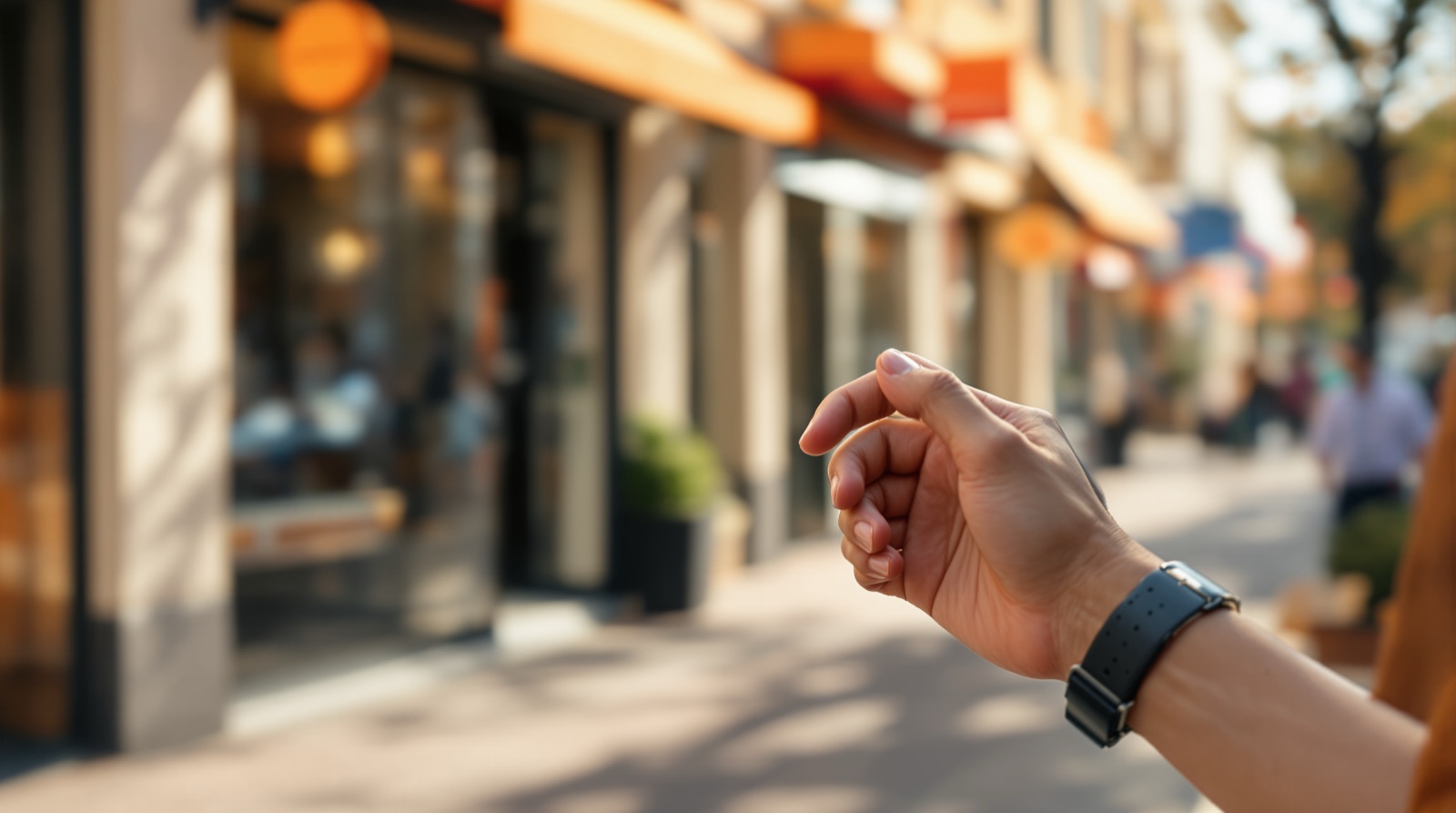 Person checking a phone for store hours on a city sidewalk