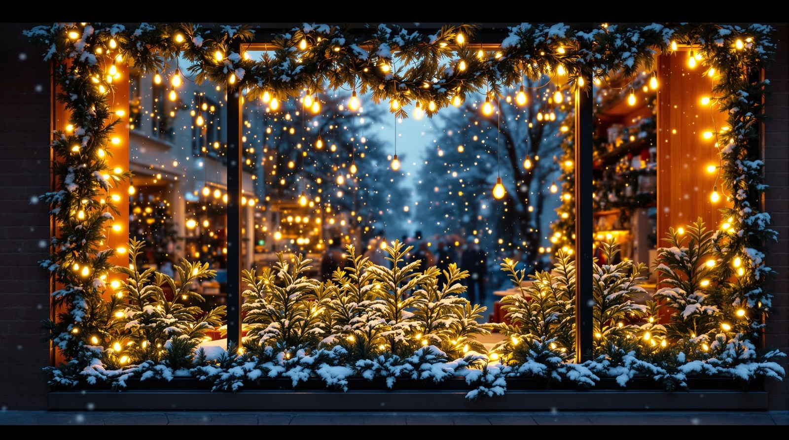 Festive holiday storefront window glowing warmly at dusk with snow falling