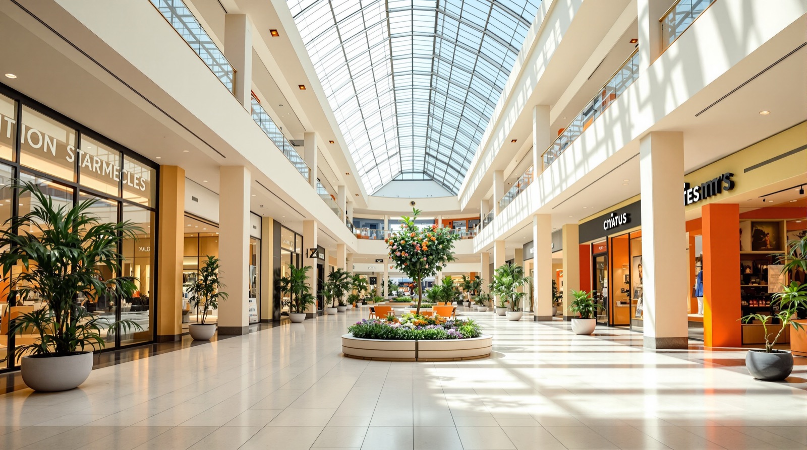Sunlit multi-level shopping mall atrium with glass ceiling