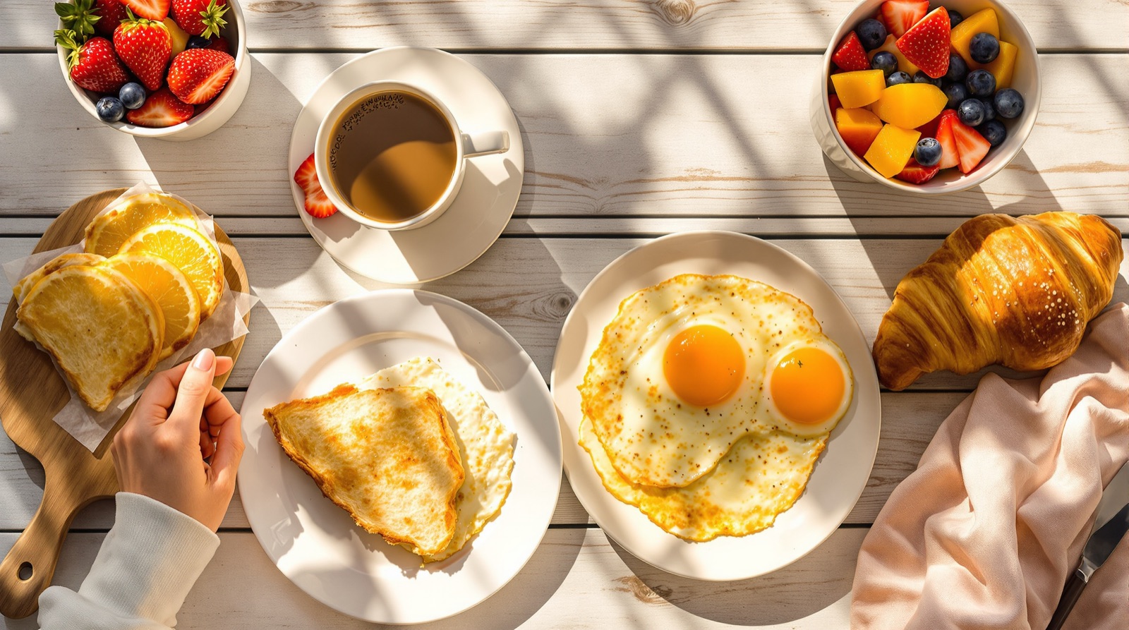 Overhead view of a fresh breakfast and brunch spread on a wood table