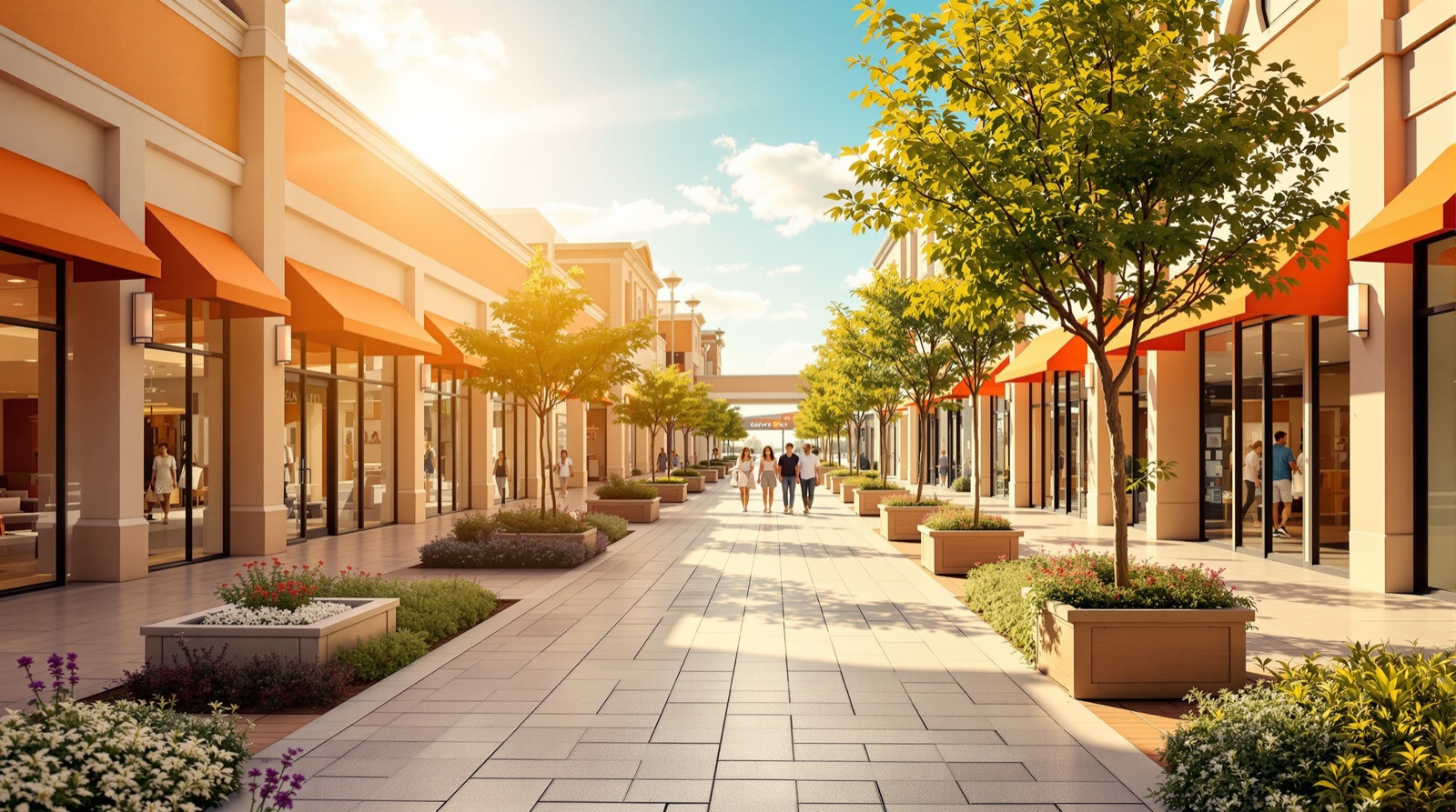 Open-air outlet mall walkway with storefronts on a sunny day