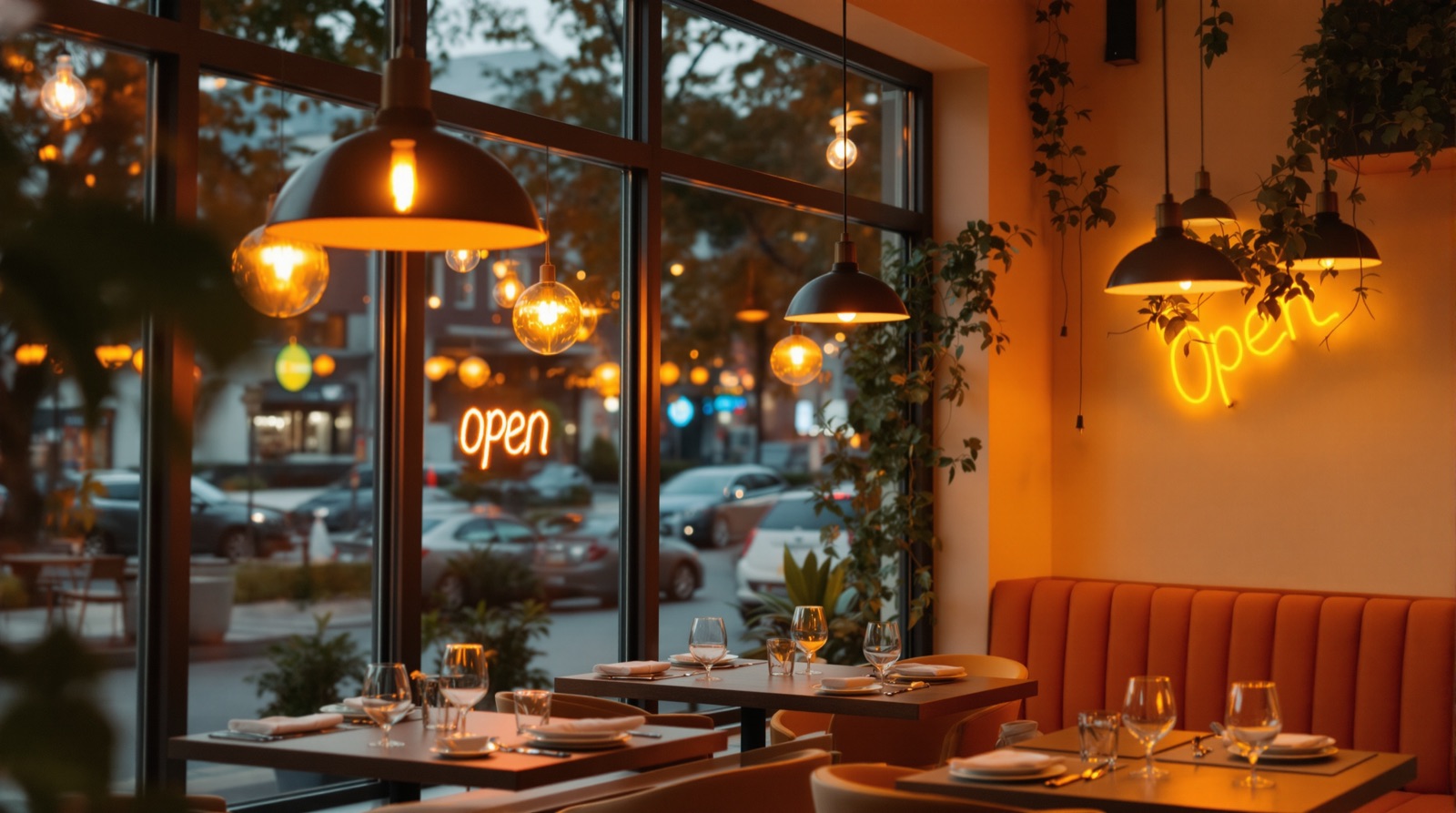Warm restaurant interior at dinnertime with set tables and soft lighting