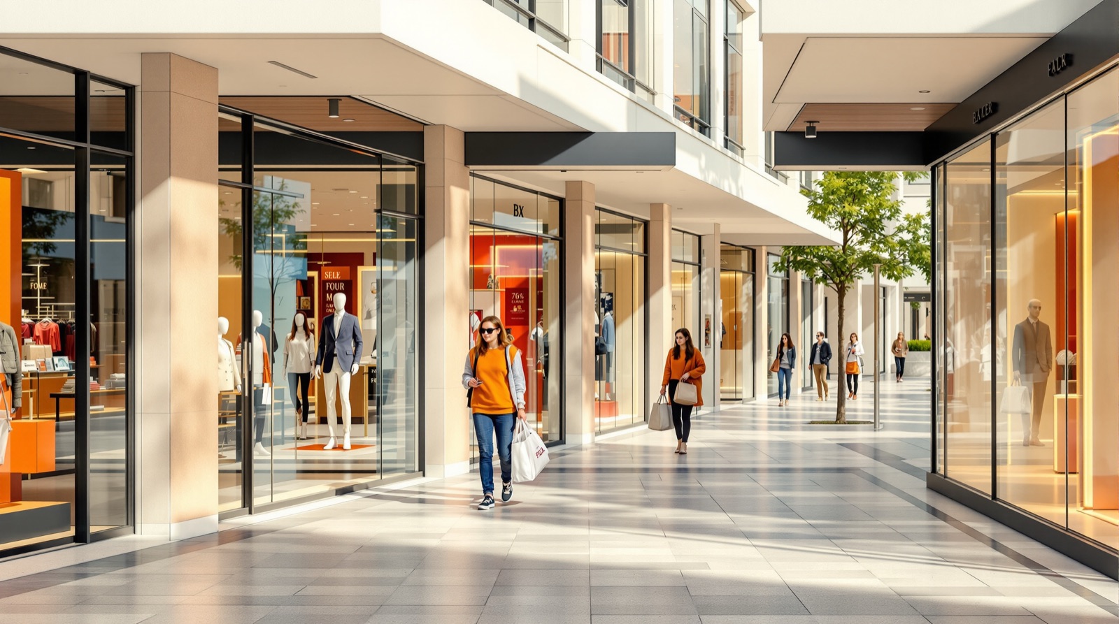 Modern retail shopping street with bright storefronts and shoppers